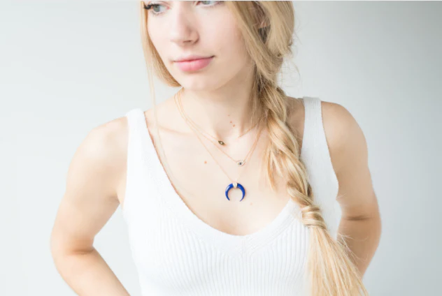 14K Solid Gold Lapis Crescent Horn Necklace With Pave Diamonds view 2