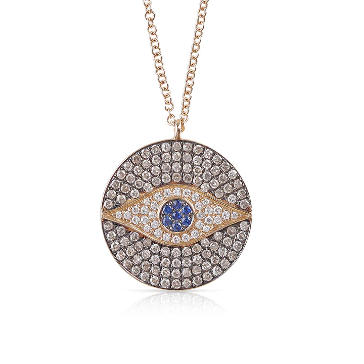 14K Solid Gold Diamond And Sapphire Evil Eye Medallion Necklace