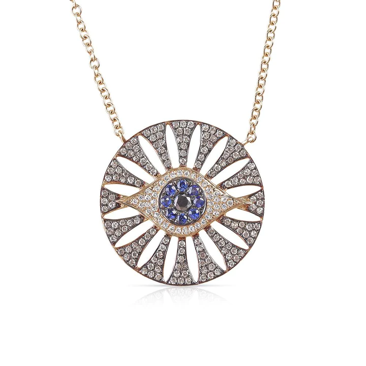 14K Solid Gold Diamond And Sapphire Evil Eye Cutout Medallion Necklace