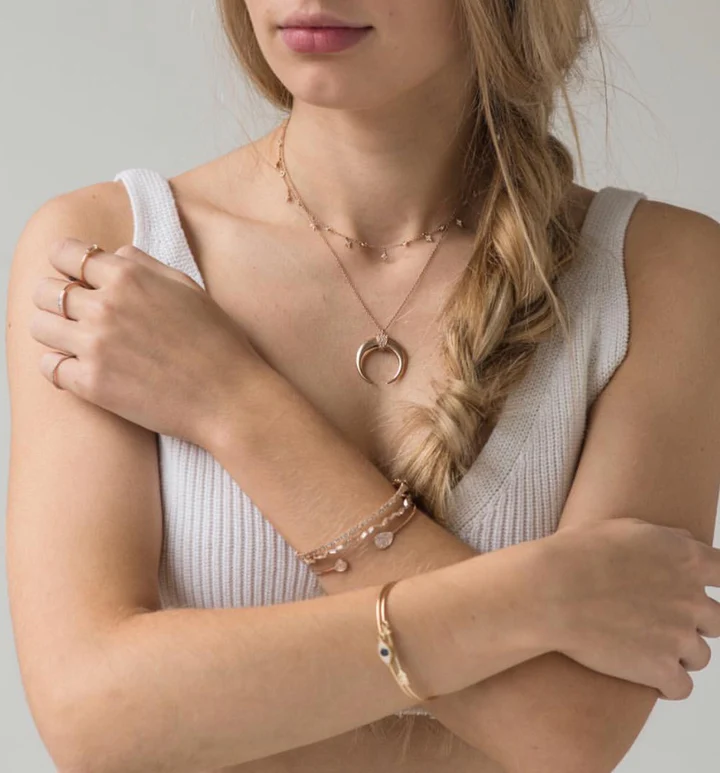 14K Solid Gold Crescent Horn Necklace With Pave Diamonds view 2
