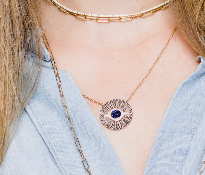 14K Solid Gold Diamond And Sapphire Evil Eye Cutout Medallion Necklace view 2