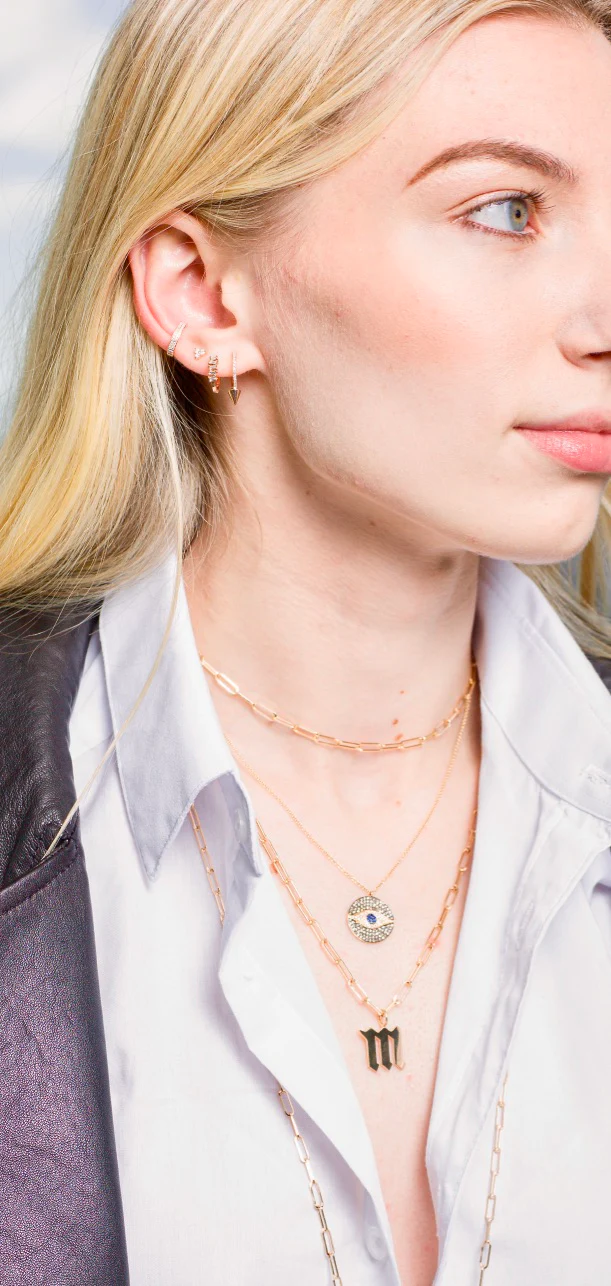 14K Solid Gold Diamond And Sapphire Evil Eye Medallion Necklace view 2