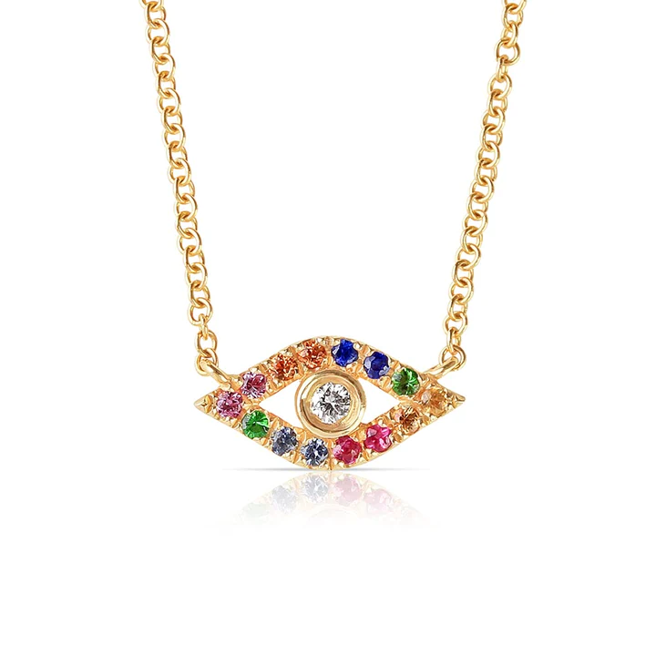 14K Solid Gold Diamond And Sapphire Rainbow Evil Eye Necklace