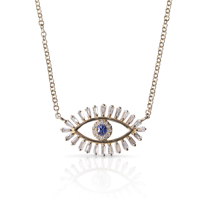 14K Solid Gold Baguette Diamond Evil Eye Necklace With Blue Sapphire Eye