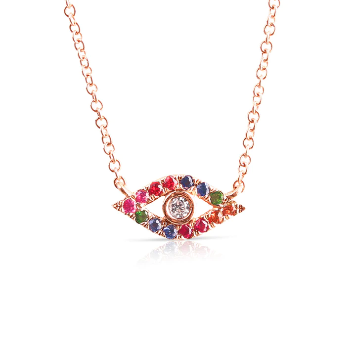 14K Solid Gold Diamond And Sapphire Rainbow Evil Eye Necklace view 2