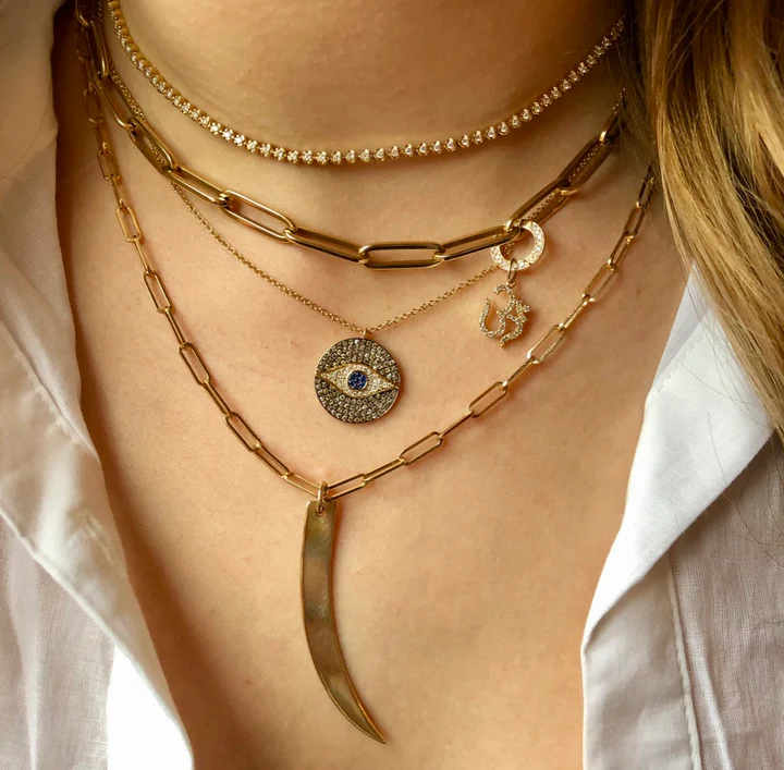 14K Solid Gold Diamond And Sapphire Evil Eye Medallion Necklace view 3