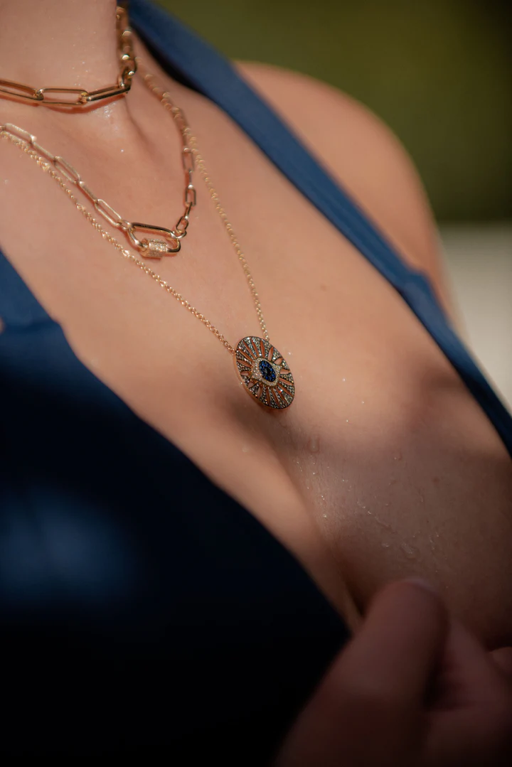 14K Solid Gold Diamond And Sapphire Evil Eye Cutout Medallion Necklace view 3