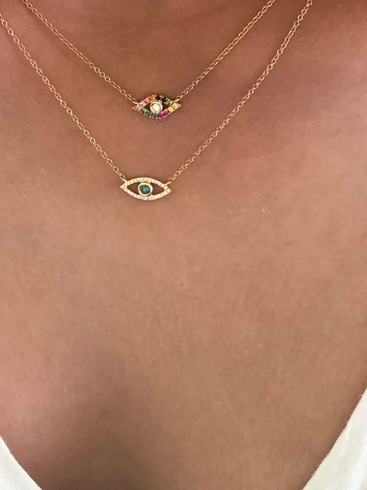 14K Solid Gold Diamond And Sapphire Rainbow Evil Eye Necklace view 3