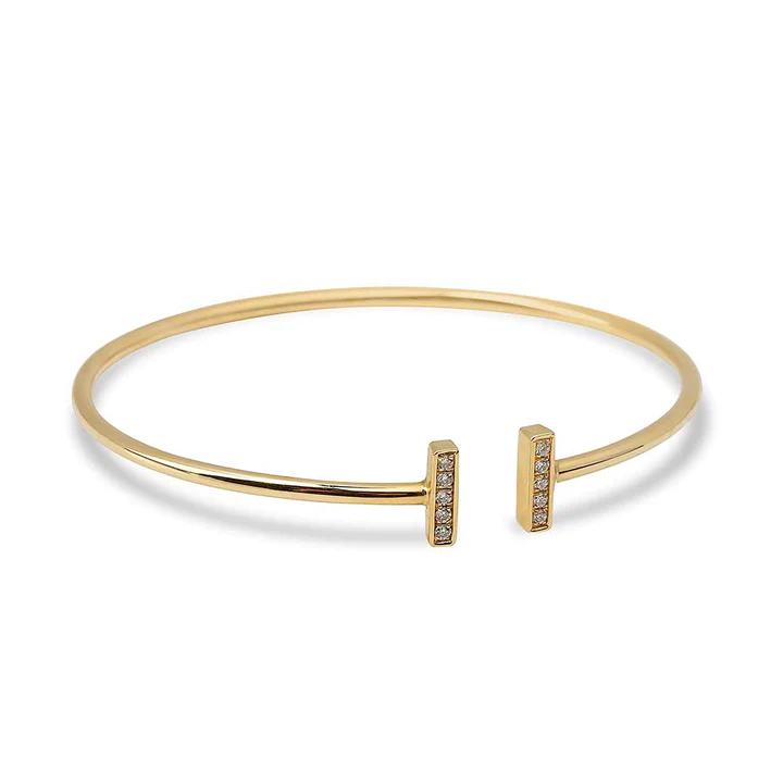 14K Solid Gold Diamond Bar Cuff Bracelet