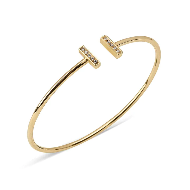 14K Solid Gold Diamond Bar Cuff Bracelet view 2