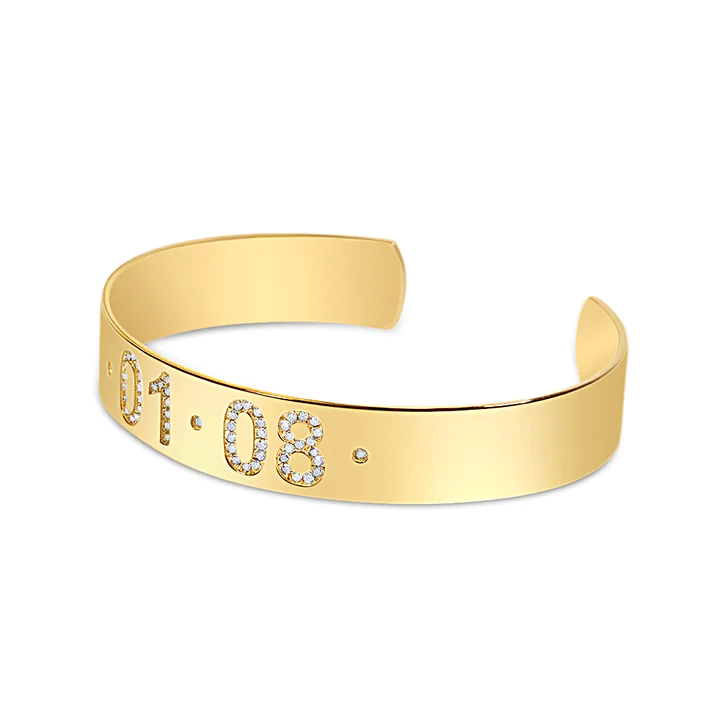 14K Solid Gold Personalized Diamond Date Cuff Bracelet