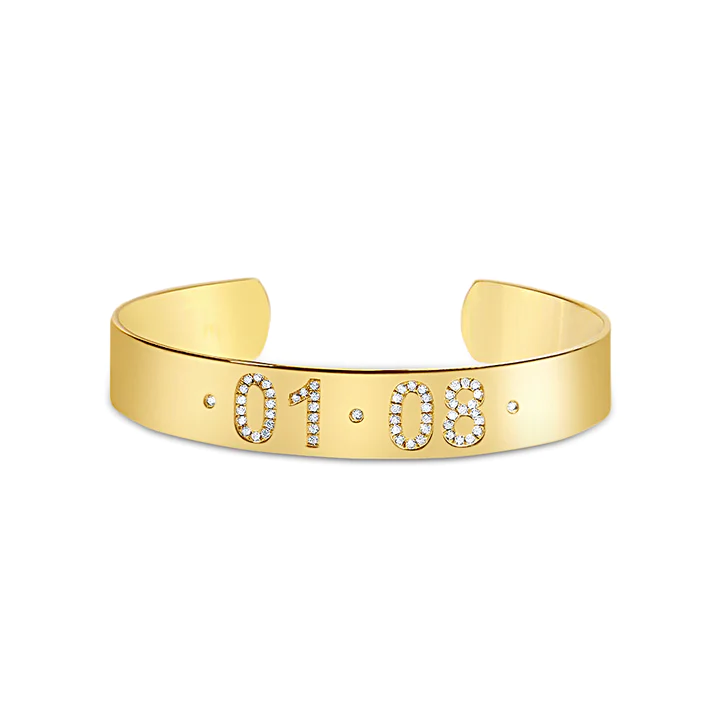 14K Solid Gold Personalized Diamond Date Cuff Bracelet view 2