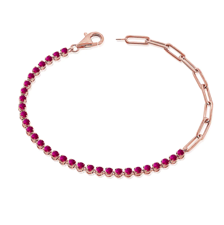 14K Solid Gold Half Red Ruby Tennis and Paperclip Chain Bracelet