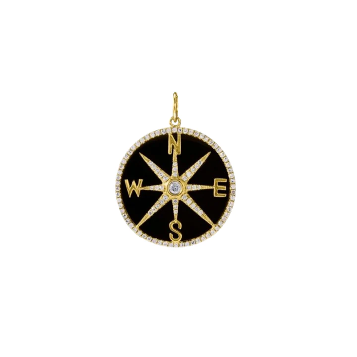 14K Solid Gold Diamond and Onyx Compass Charm
