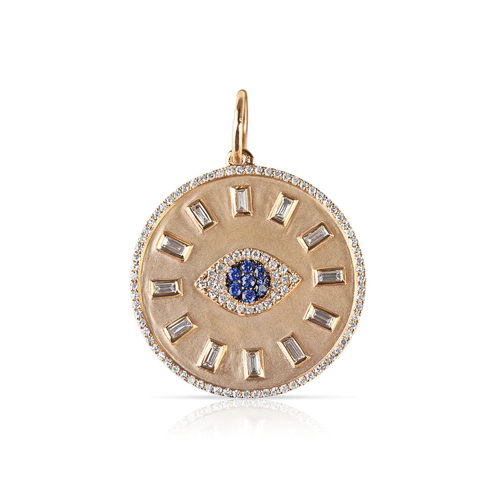 14K Solid Gold Baguette Diamond and Sapphire Evil Eye Talisman
