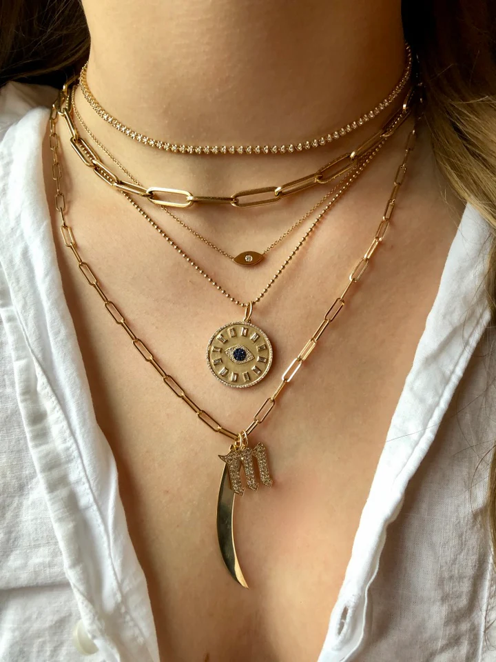 14K Solid Gold Baguette Diamond and Sapphire Evil Eye Talisman view 3