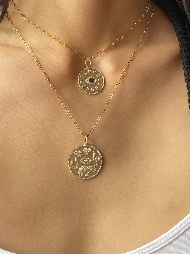 14K Solid Gold Baguette Diamond and Sapphire Evil Eye Talisman view 4