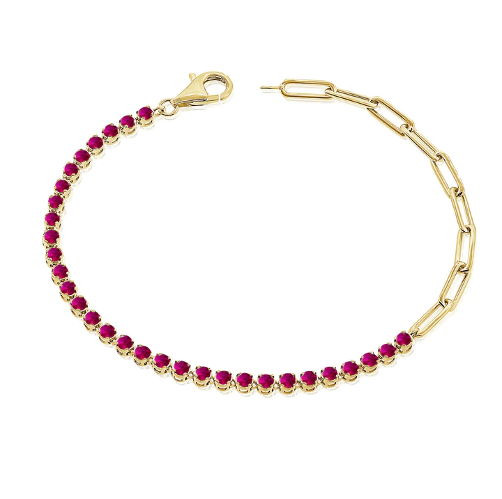 14K Solid Gold Half Red Ruby Tennis and Paperclip Chain Bracelet view 2