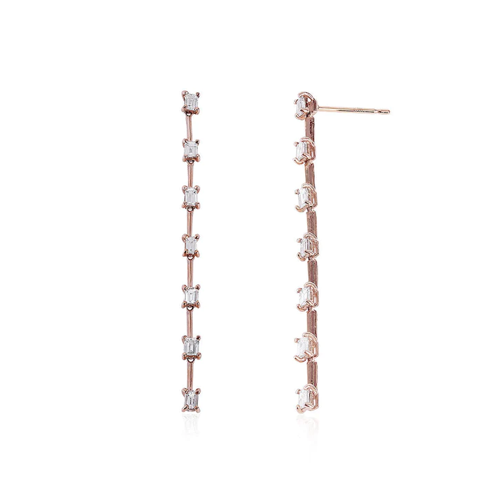 14K Solid Gold With Baguette Diamond Drop Earrings