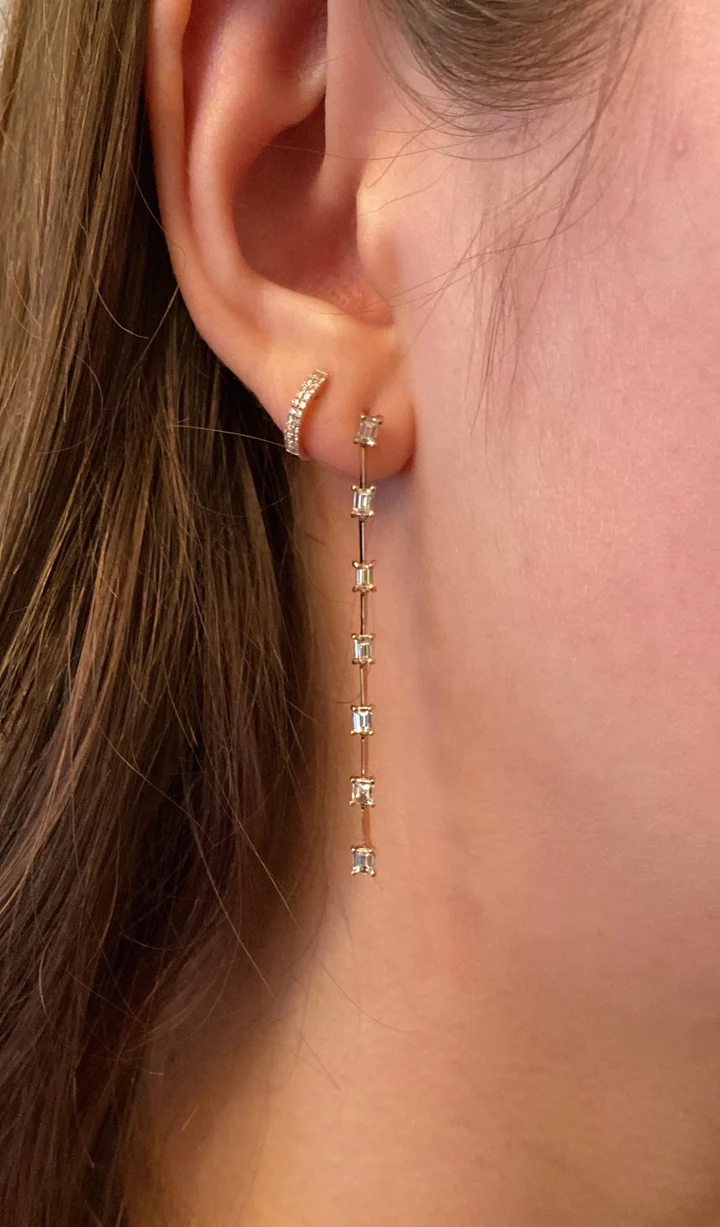 14K Solid Gold With Baguette Diamond Drop Earrings view 2