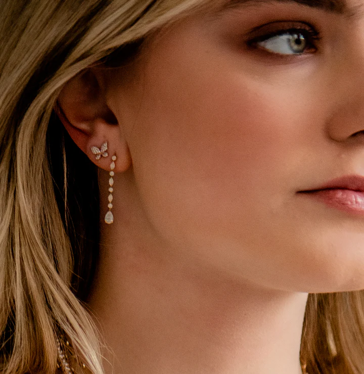 14K Solid Gold and Multi Diamond Drop Earrings view 2