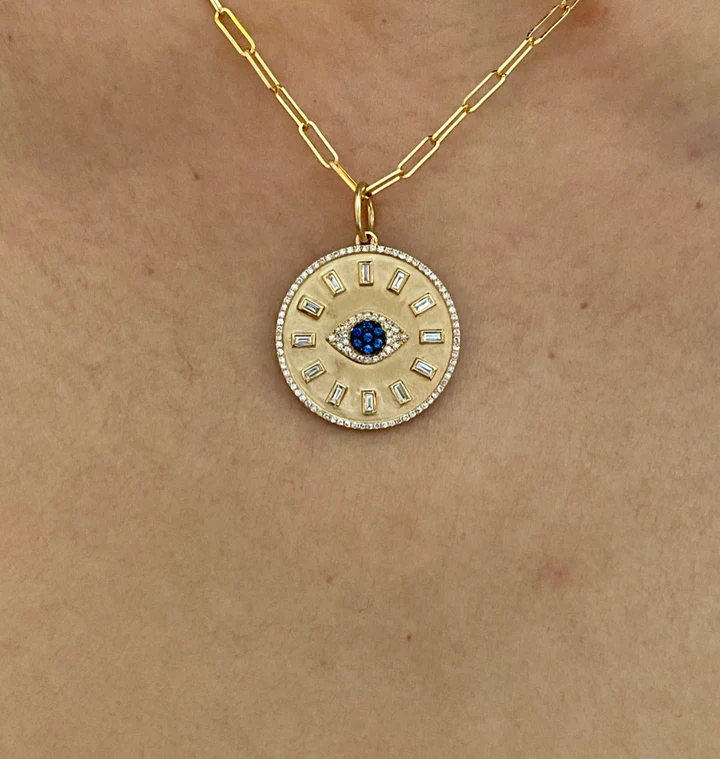 14K Solid Gold Baguette Diamond and Sapphire Evil Eye Talisman view 6