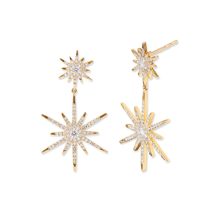 14K Solid Gold Diamond Starburst Drop Earrings