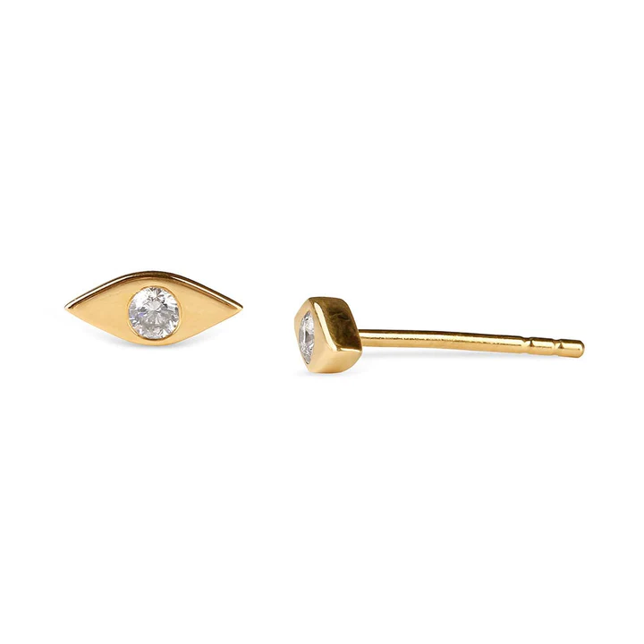 14K Solid Gold Mini Evil Eye Studs With Diamonds