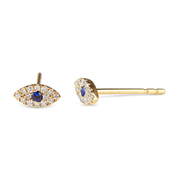 14K Solid Gold Diamond and Sapphire Evil Eye Studs