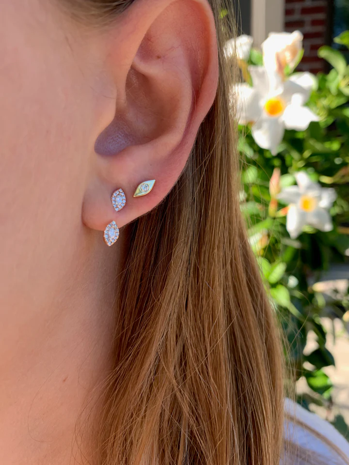 14K Solid Gold Mini Evil Eye Studs With Diamonds view 2