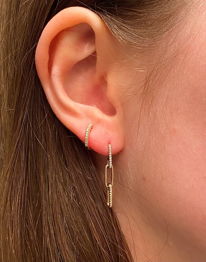 14K Solid Gold Diamond Drop Link Earrings view 2