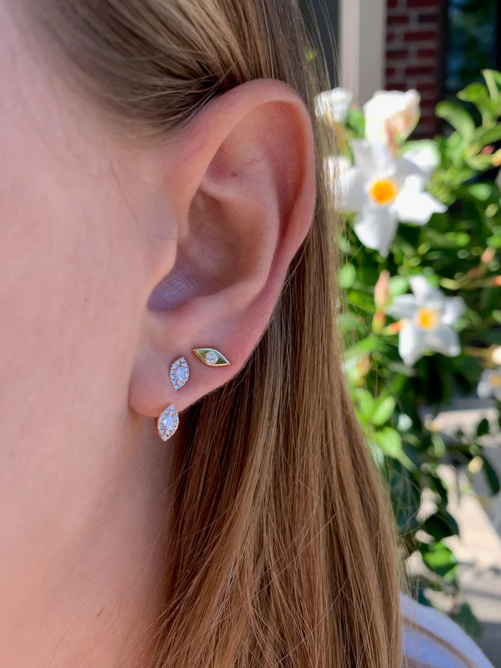 14K Solid Gold Mini Evil Eye Studs With Diamonds view 3