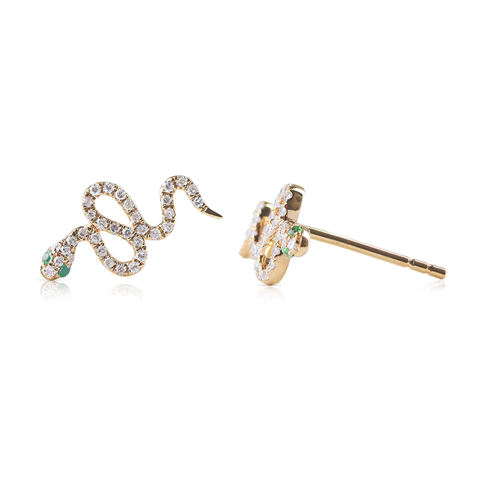 14K Solid Gold Diamond and Emerald Snake Studs