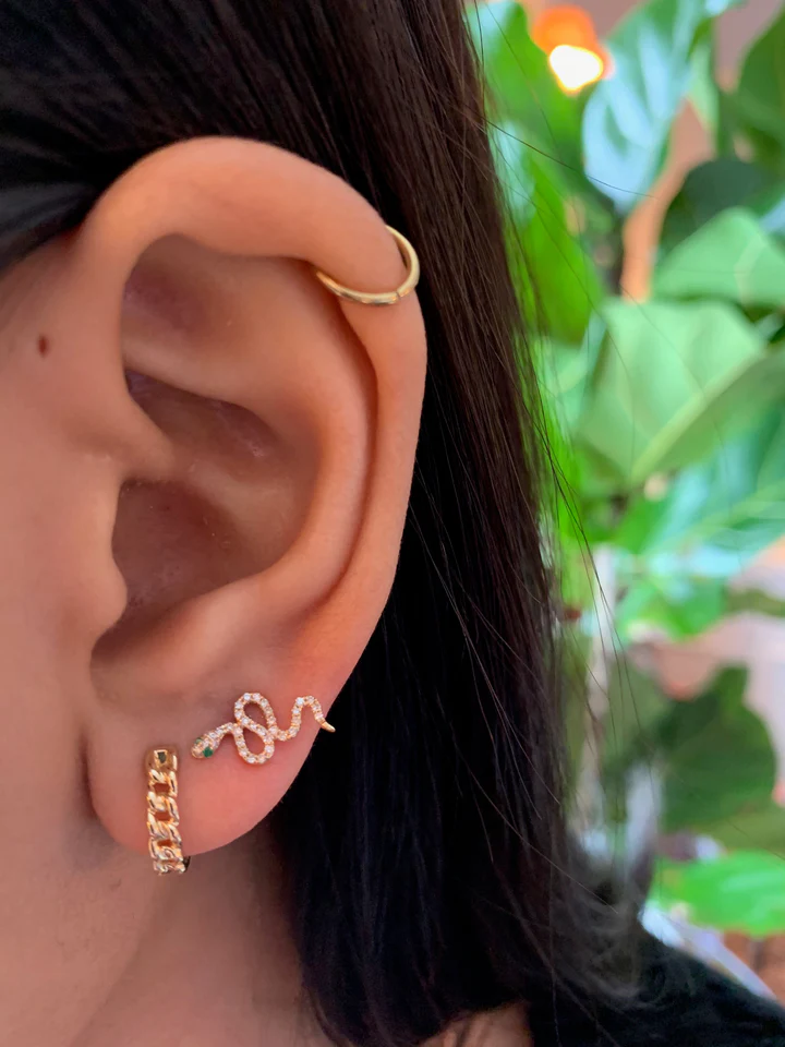 14K Solid Gold Diamond and Emerald Snake Studs view 2
