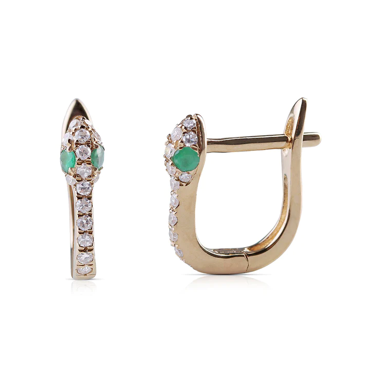 14K Solid Gold Mini Diamond and Emerald Snake Huggies