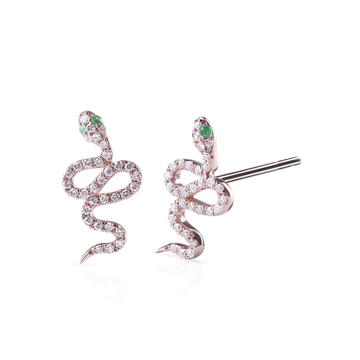 14K Solid Gold Diamond and Emerald Snake Studs view 3