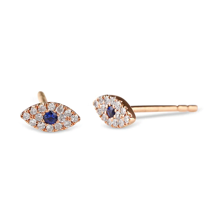 14K Solid Gold Diamond and Sapphire Evil Eye Studs view 3