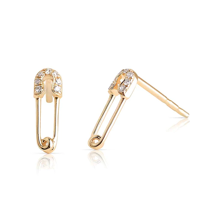 14K Solid Gold Diamond Safety Pin Earrings