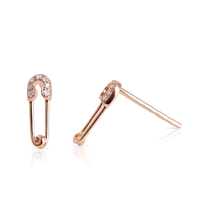 14K Solid Gold Diamond Safety Pin Earrings view 2