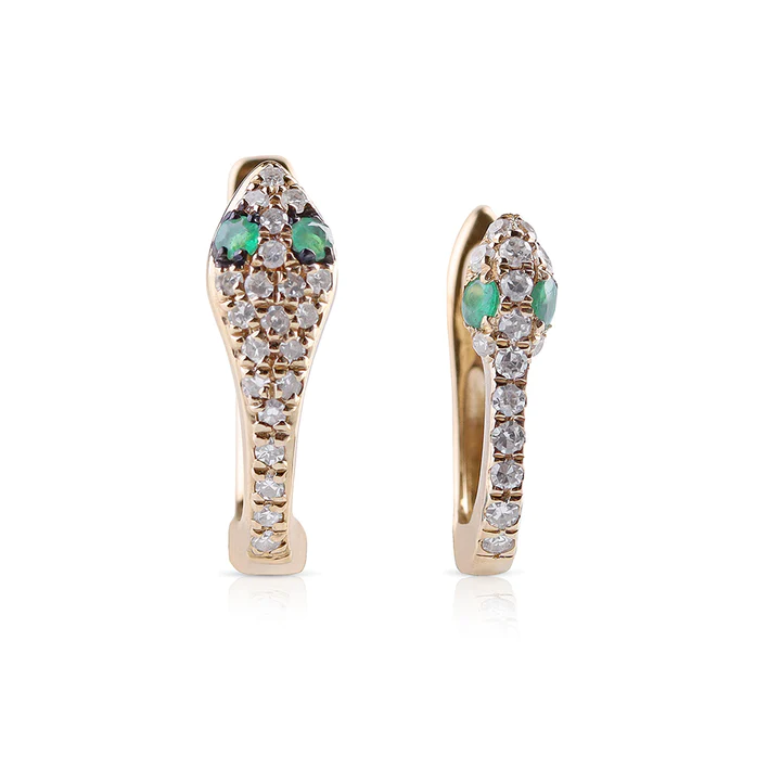 14K Solid Gold Mini Diamond and Emerald Snake Huggies view 3