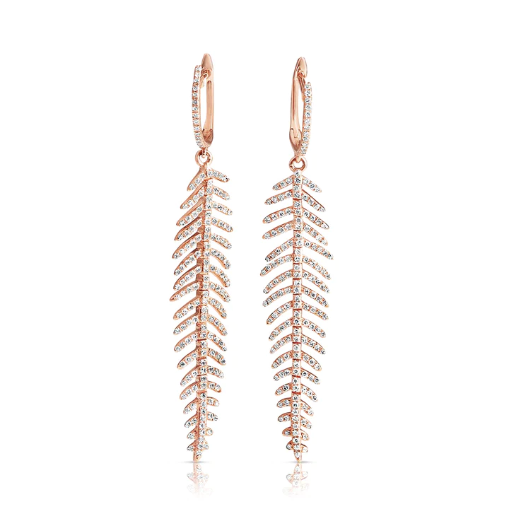 14K Solid Gold Diamond Feather Drop Earrings
