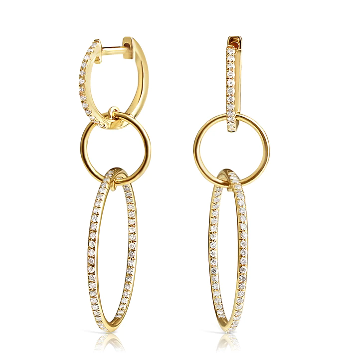 14K Solid Gold Logan Triple Diamond Drop Hoops