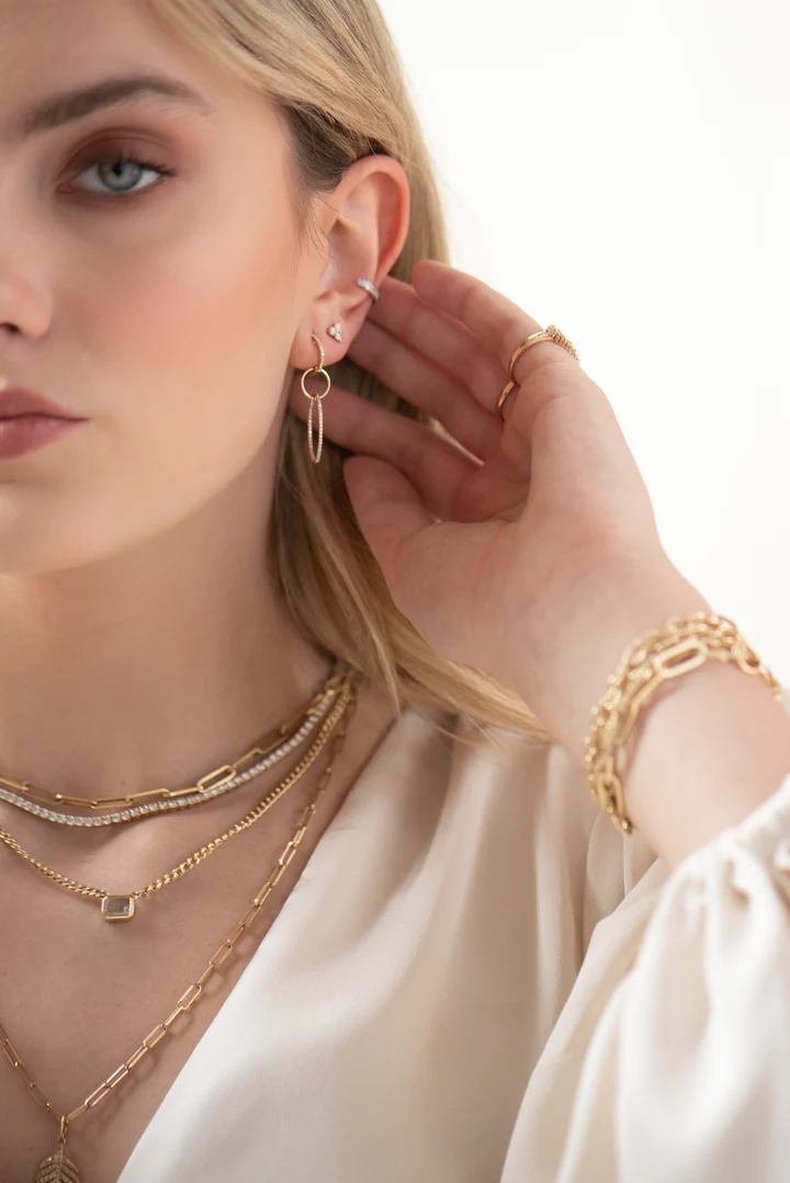 14K Solid Gold Logan Triple Diamond Drop Hoops view 2