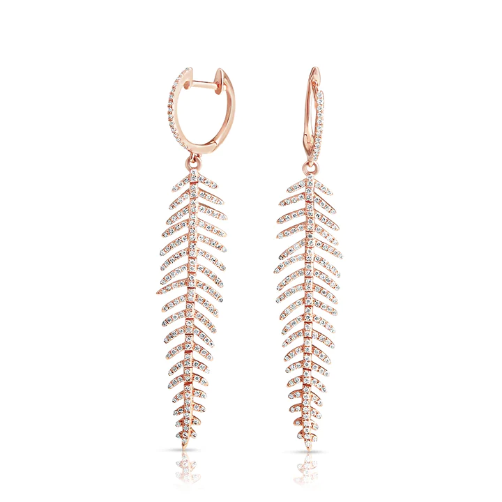 14K Solid Gold Diamond Feather Drop Earrings view 2