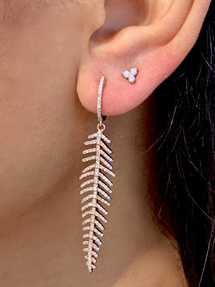 14K Solid Gold Diamond Feather Drop Earrings view 3