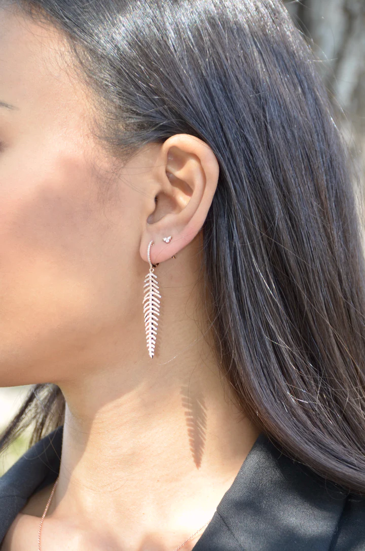 14K Solid Gold Diamond Feather Drop Earrings view 5