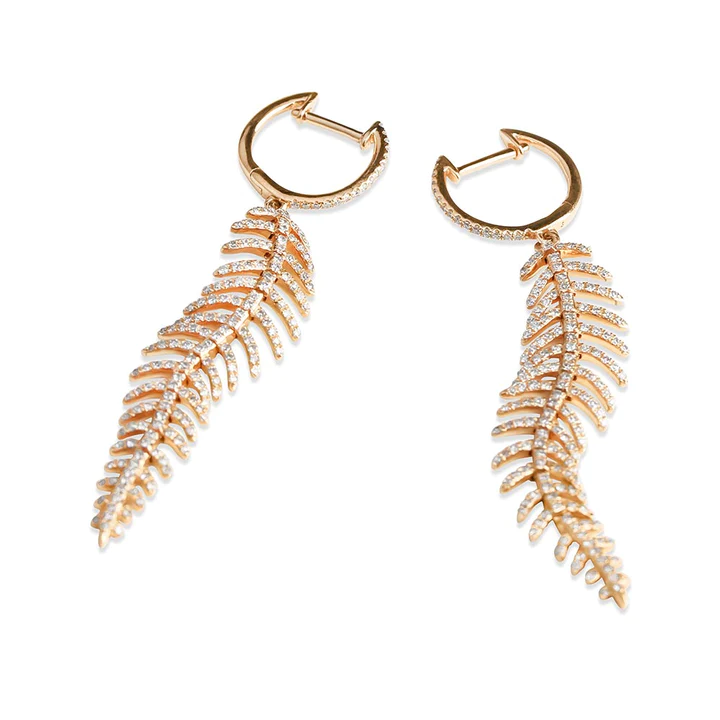 14K Solid Gold Diamond Feather Drop Earrings view 6