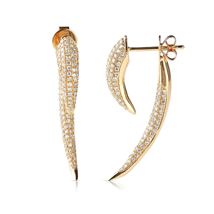 14K Solid Gold Large Diamond Horn Earrings