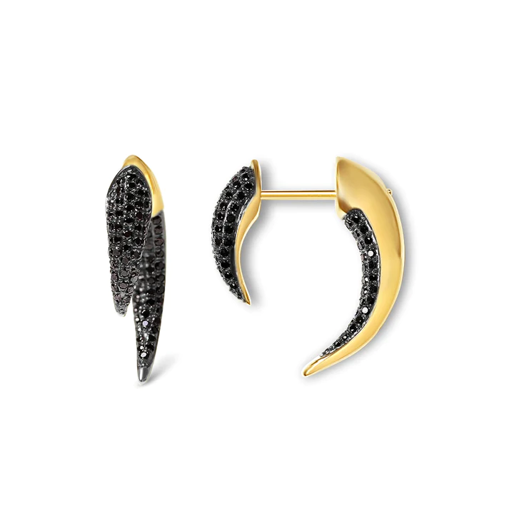 14K Solid Gold Small Black Diamond Horn Earrings