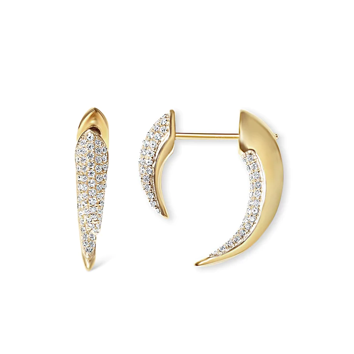 14K Solid Gold Small White Diamond Horn Earrings